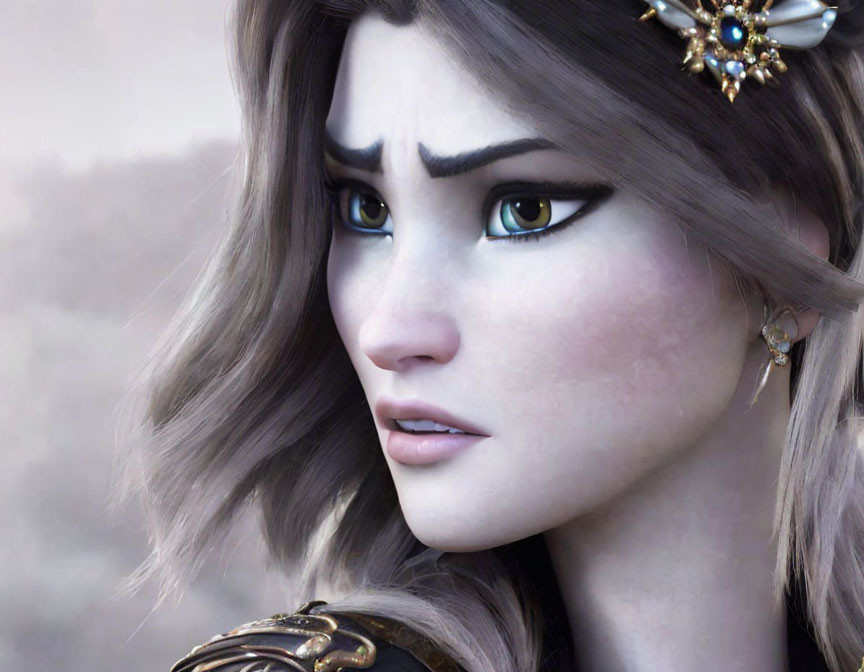 Detailed close-up of 3D-animated female character with large eyes and elaborate makeup.