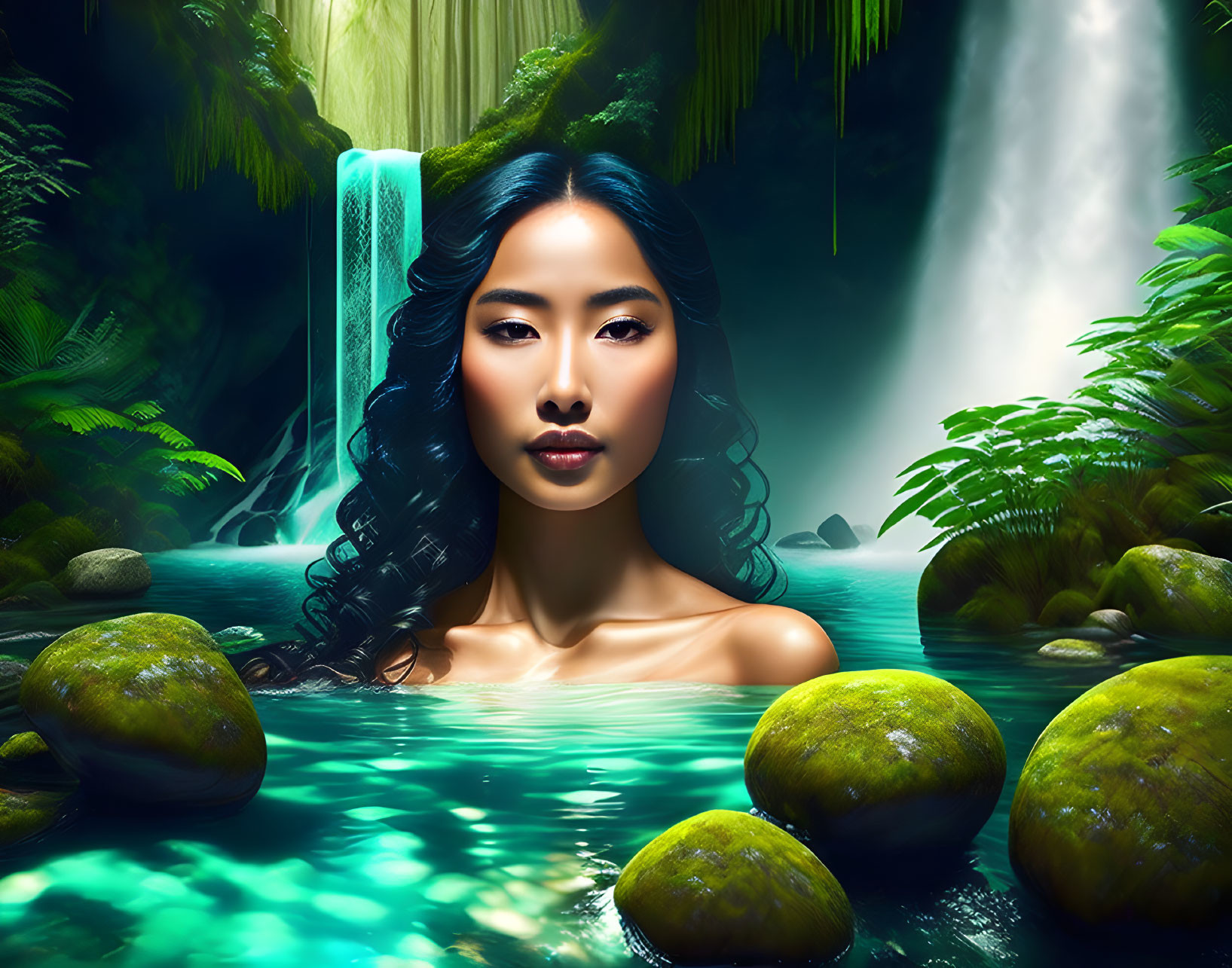 Portrait of a Woman Blending with Waterfall Scene