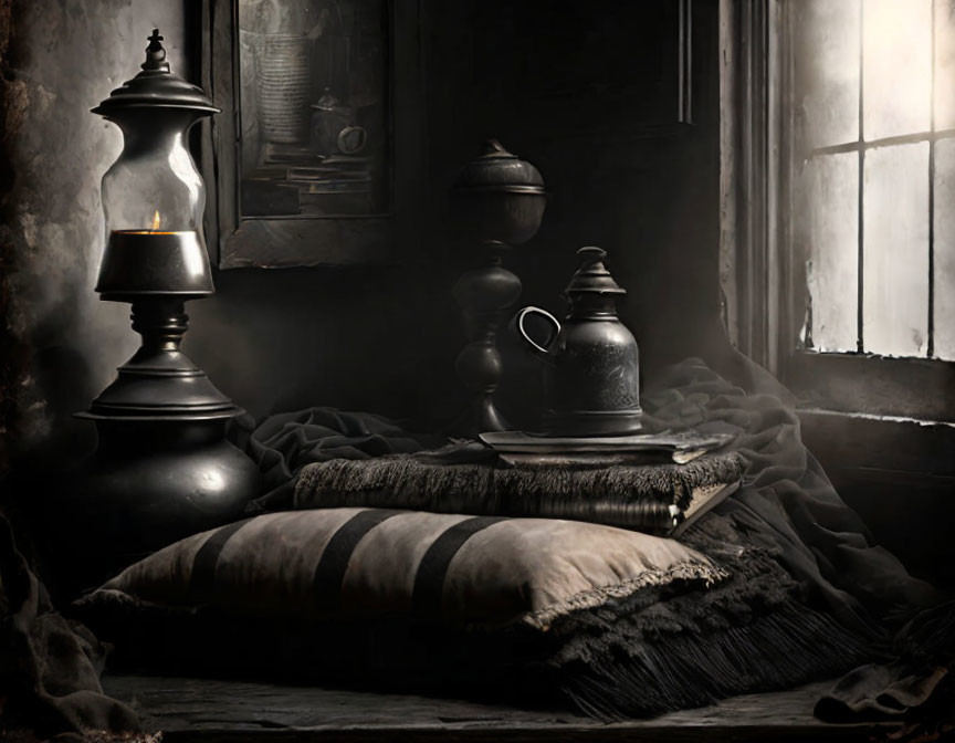 Dimly lit room with candle lantern, old utensils, and striped pillows