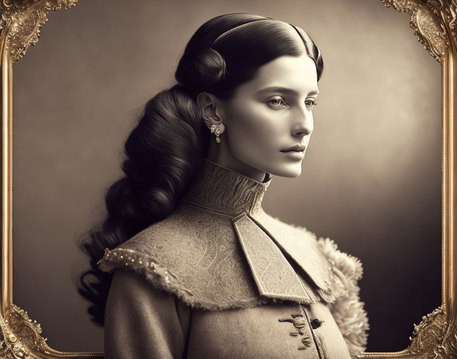 Sepia-Toned Portrait of Woman in Vintage High-Collared Outfit