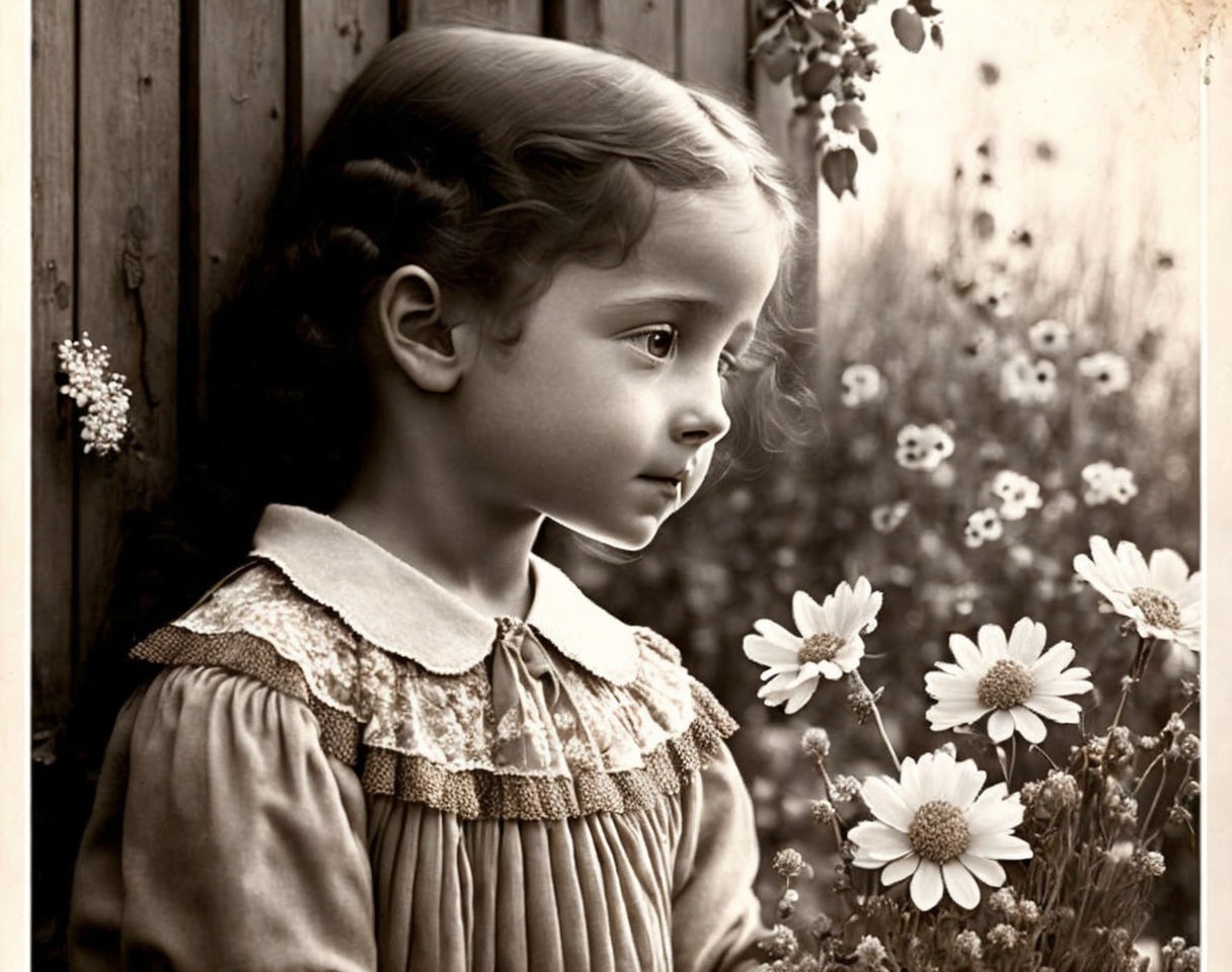 Sepia-Toned Photo of Young Girl with Braided Hair and Vintage Dress by Wooden Fence