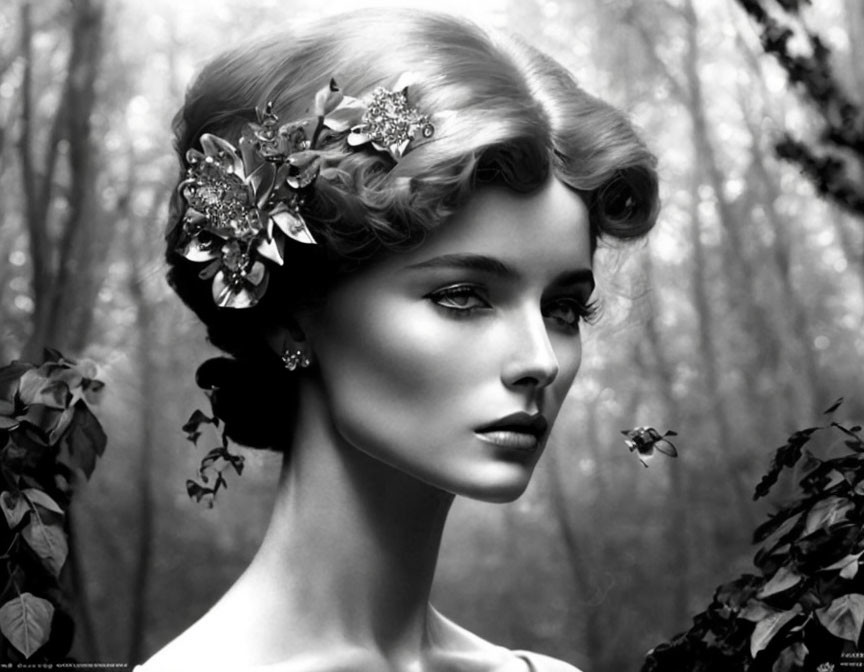 Monochrome portrait of woman with vintage hairstyle and floral headpiece in forest.