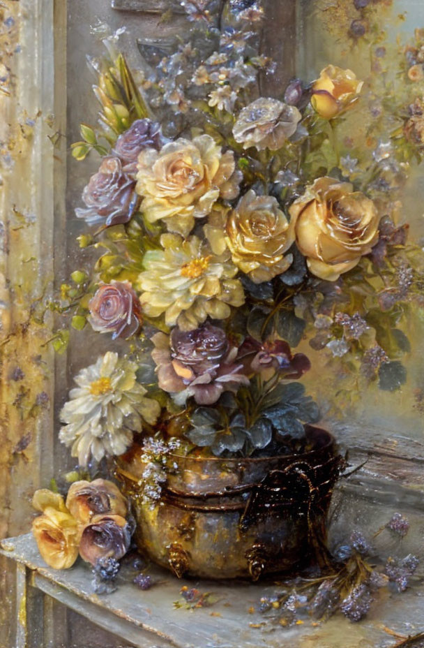 Rustic floral arrangement painting with warm tones and textured backdrop