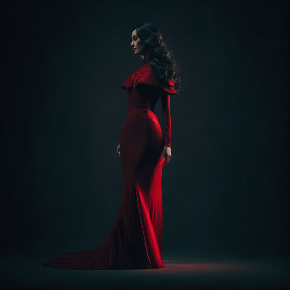 Elegant woman in red gown with flared shoulder in dimly lit setting