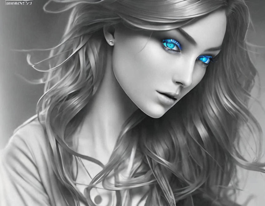 Grayscale illustration of a woman with blue eyes and flowing hair