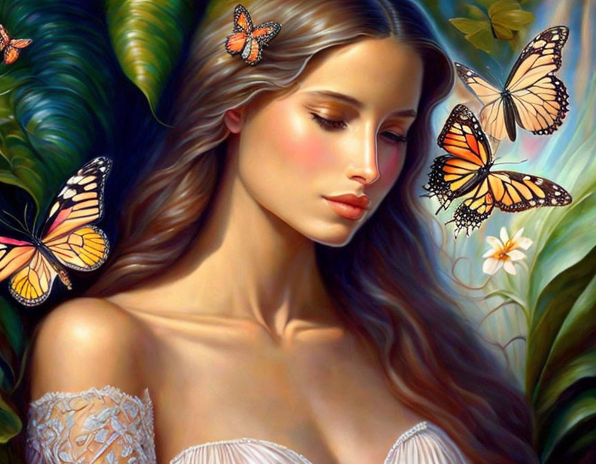 Woman surrounded by lush greenery and colorful butterflies in serene nature scene