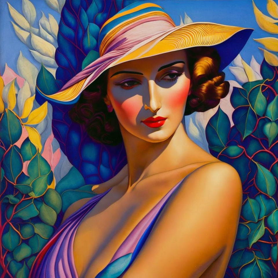 Stylized art deco portrait of a woman with wide-brimmed hat and vibrant foliage