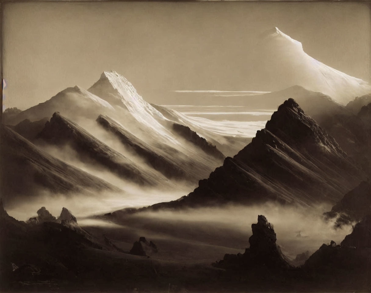 Vintage Monochrome Photo of Majestic Snowcapped Mountain Peaks