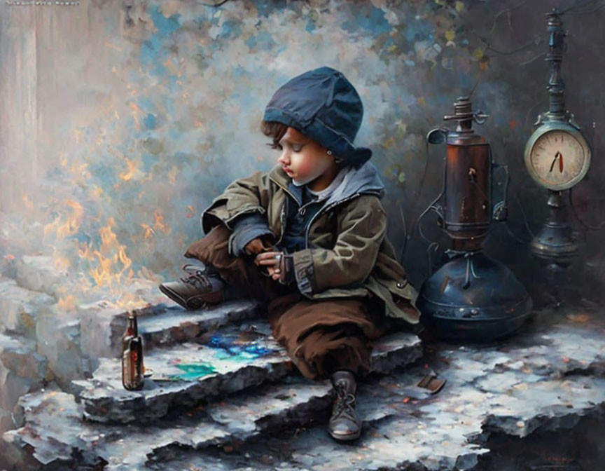 Child on stone platform with toy, lantern, watch, and smoke evokes nostalgic scene