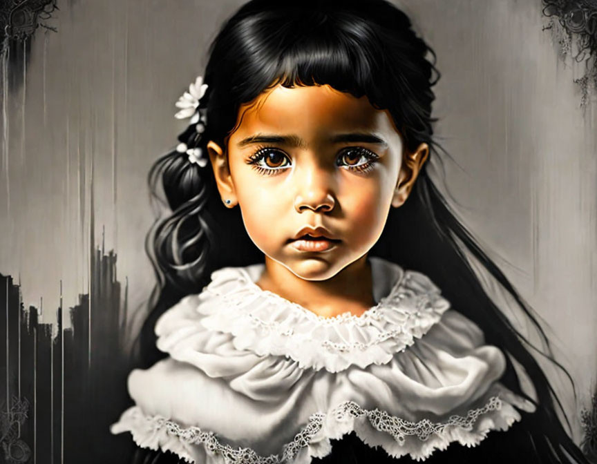 Hyperrealistic Painting of Young Girl with Blue Eyes and White Flower in Urban Setting