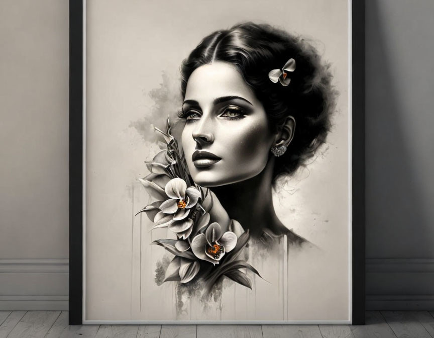 Monochrome portrait of a woman with floral details in a frame