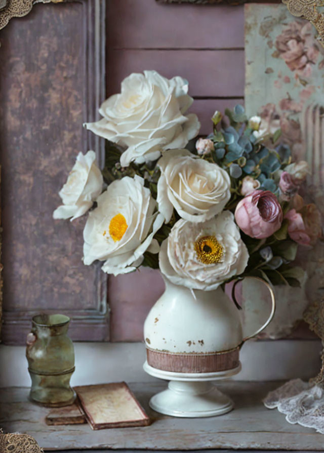 Vintage Still Life: White Roses, Eucalyptus, Pink Buds, Rustic V