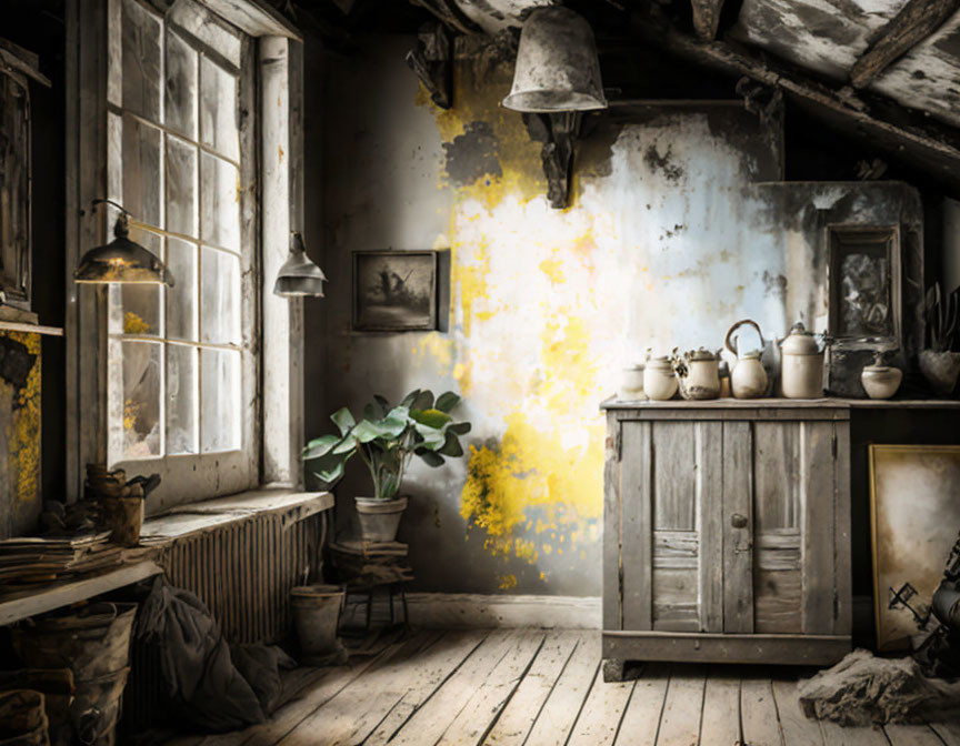 Rustic vintage attic room with wooden furniture and antique objects