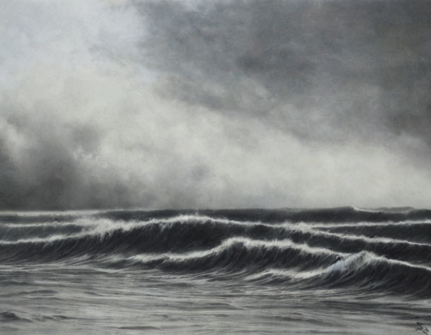 Moody monochrome seascape with tumultuous ocean waves under overcast sky