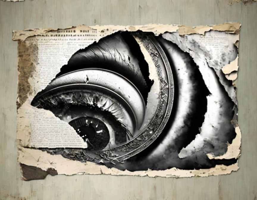 Monochromatic spiral staircase and nautilus shell on torn vintage paper