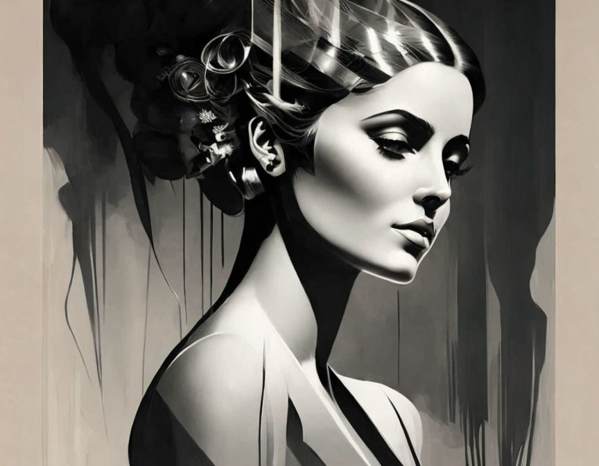 Monochrome digital artwork of a woman with elegant hairstyle and striking profile