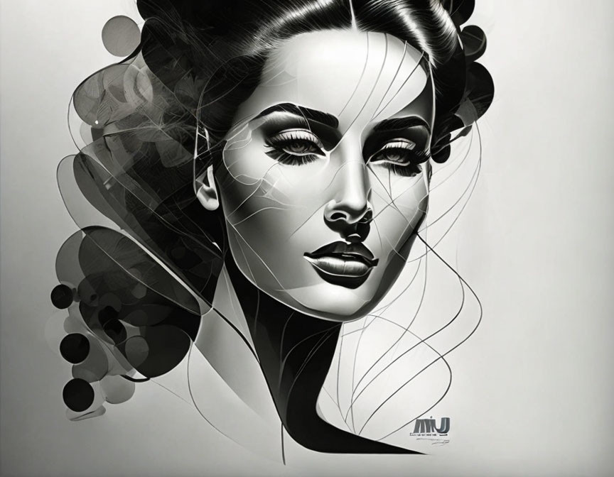 Monochrome digital artwork of stylized woman's face with abstract patterns