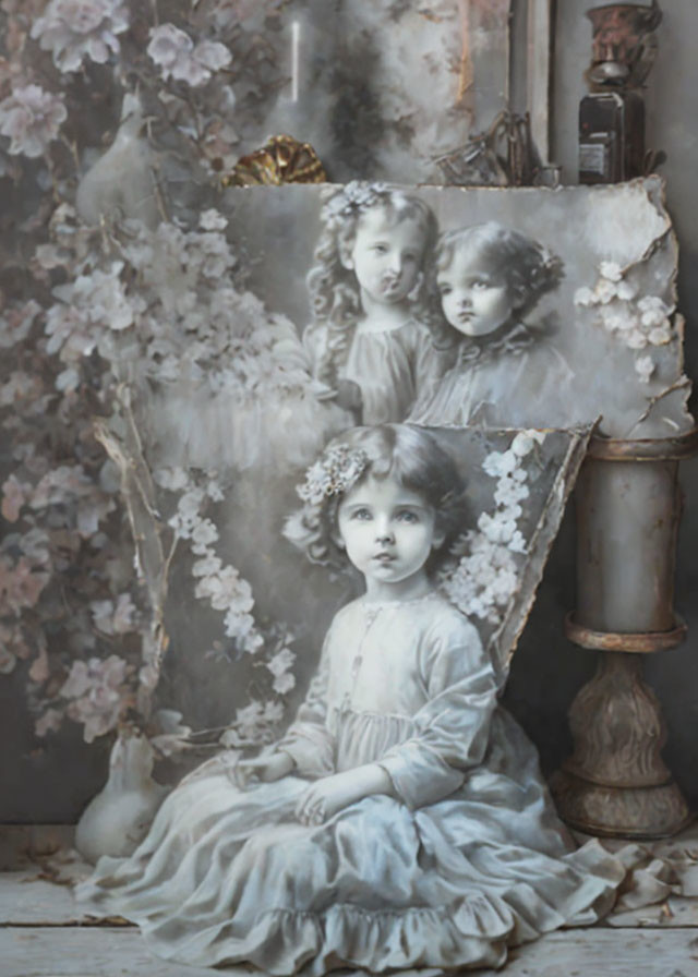 Sepia-toned vintage portraits of children with floral backdrop and antique decor