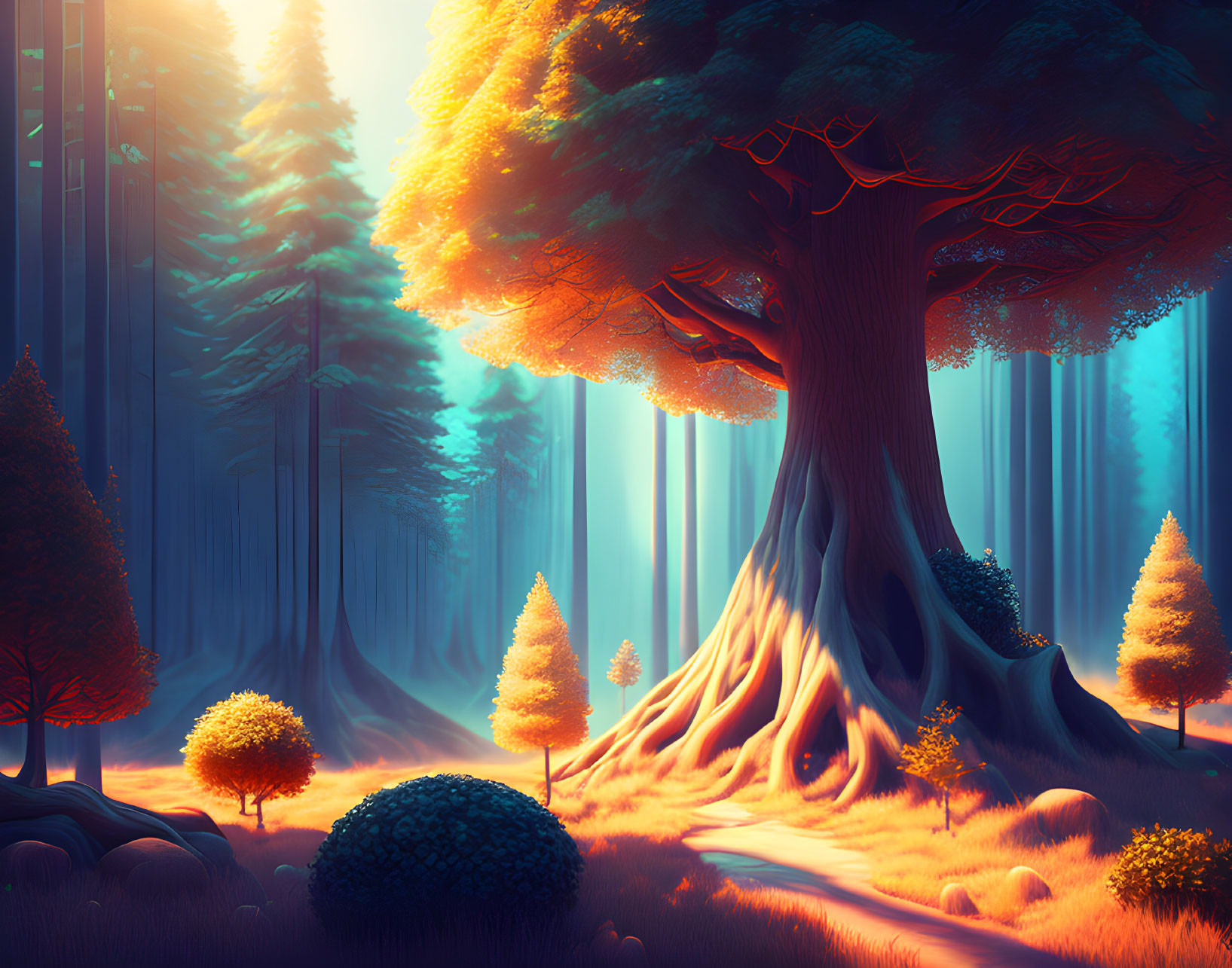 Enormous glowing tree in mystical forest at sunset