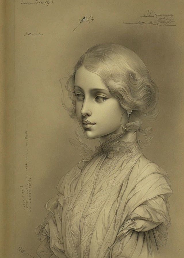 Vintage Monochrome Illustration of Young Woman in Ornate Clothing