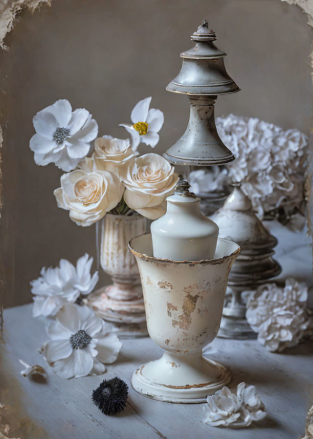 Vintage still life: Tarnished metal urn, white roses, assorted flowers, candlestick on sh