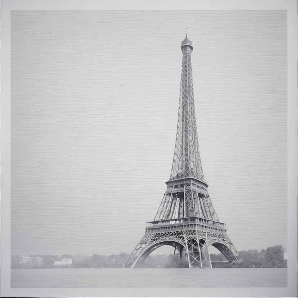 Monochrome Eiffel Tower in fog with trees and open space