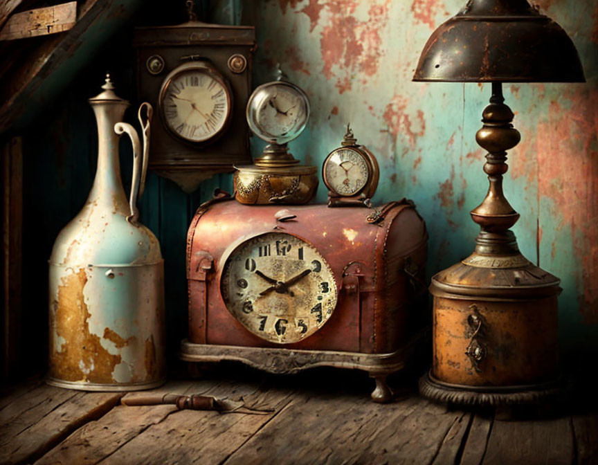 Collection of vintage clocks, lamp, and jug on wooden table with rustic backdrop