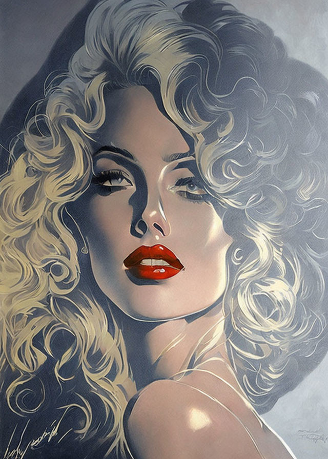 Portrait of woman with voluminous curly blonde hair and dramatic makeup.