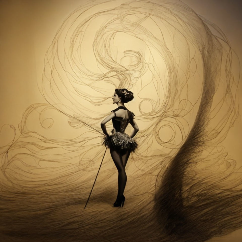 Dark tutu dancer surrounded by swirling patterns in dynamic image.