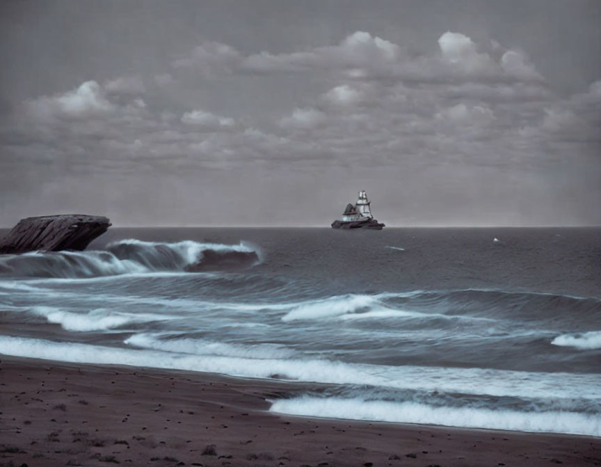 Seascape: Ship near rocky coast with breaking waves