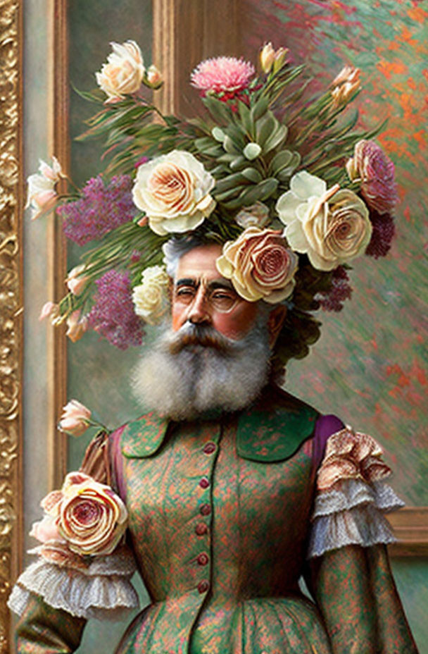 Man in Vintage Green Suit with Flower Bouquet Head Portrait