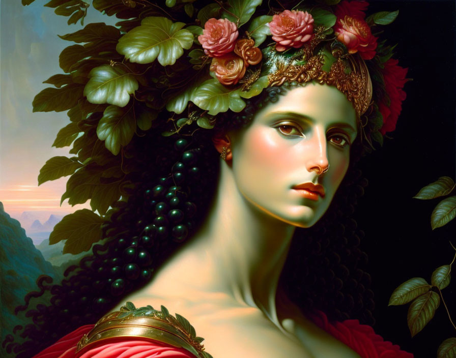 Classic Portrait of Woman with Floral Wreath, Red Dress, and Mountainous Background