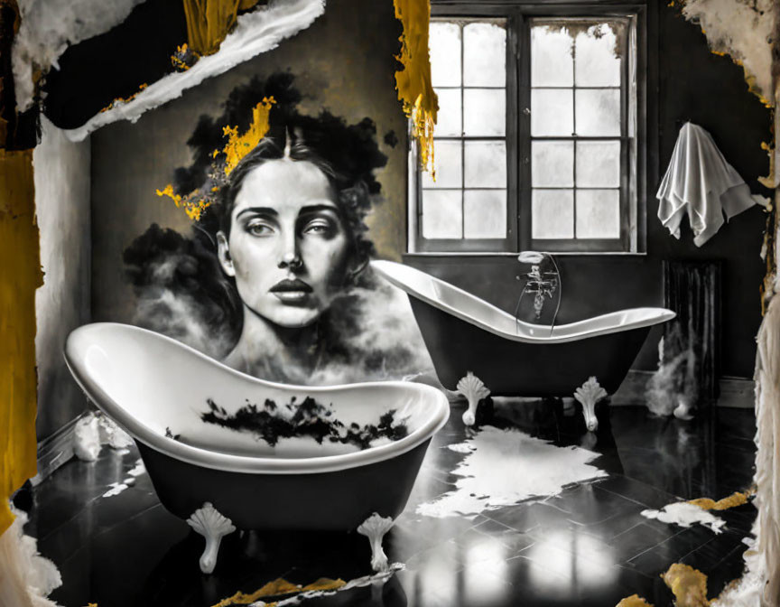 Grayscale surrealistic room with peeling walls, portrait, bathtub, ghost figure, and window.