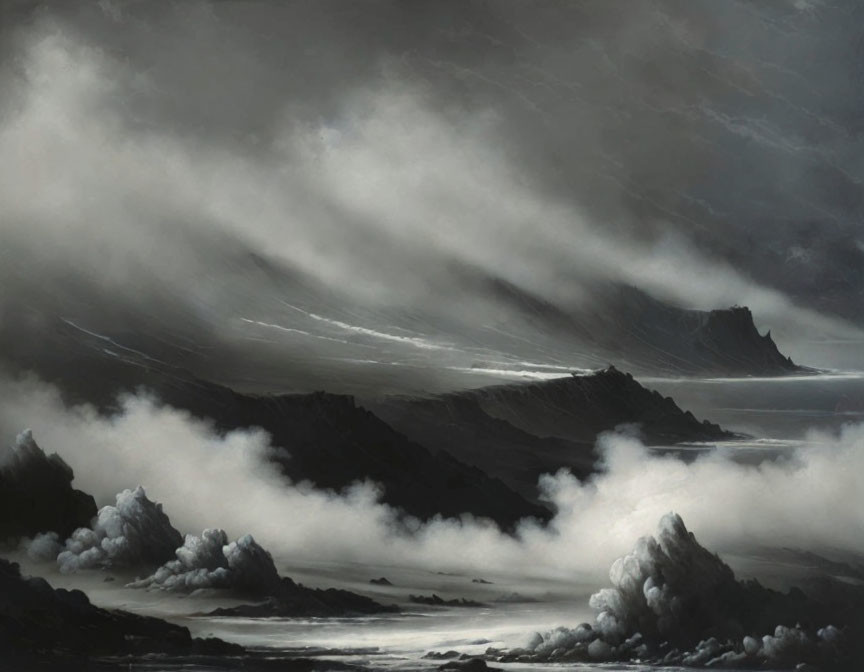 Monochromatic landscape of mountains in low clouds with ethereal light rays