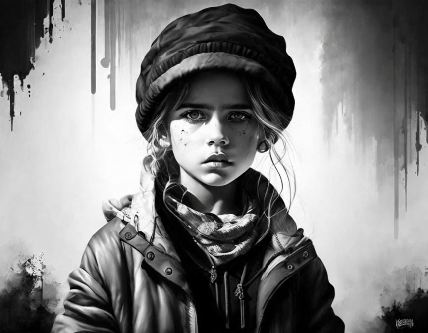 Monochrome portrait of young girl in hat and jacket against paint-drip backdrop