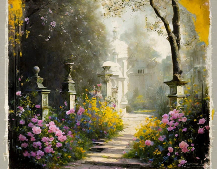 Sunlit garden path with vibrant flowers and stone columns in impressionist painting