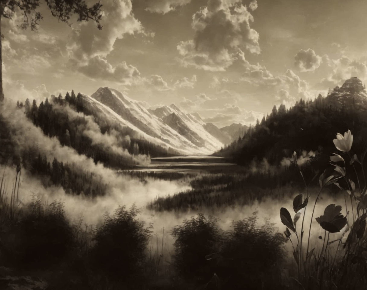 Sepia-tone image of serene lake with misty mountains