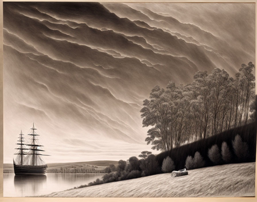 Sepia-Toned Artwork of Tall Ship by Tranquil Lake