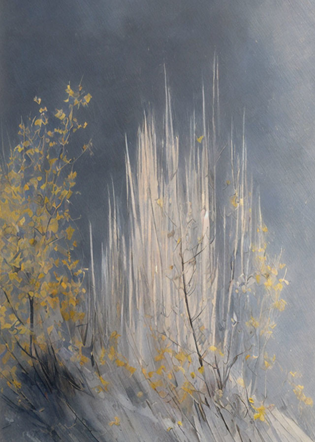 Tranquil forest painting with slender white trees and yellow foliage