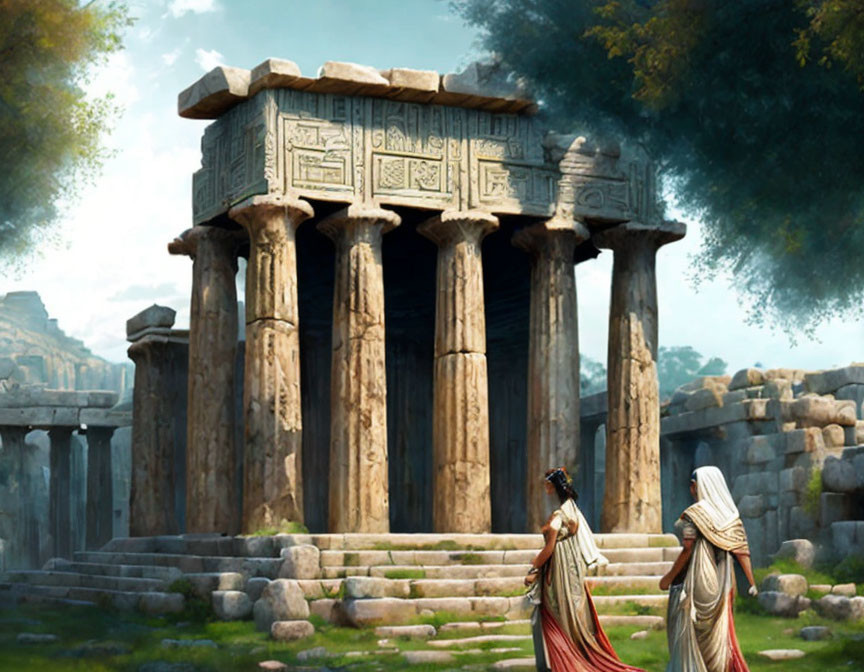 Ancient individuals in classical Greek setting with Doric columns and ruins