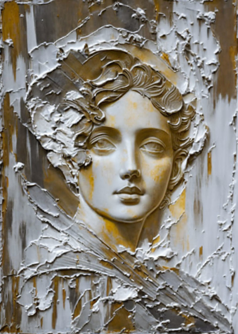 Monochromatic 3D relief of woman's face on textured background