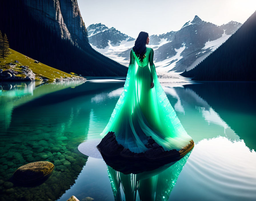 Person in flowing green dress by mountain lake with snow-capped peaks