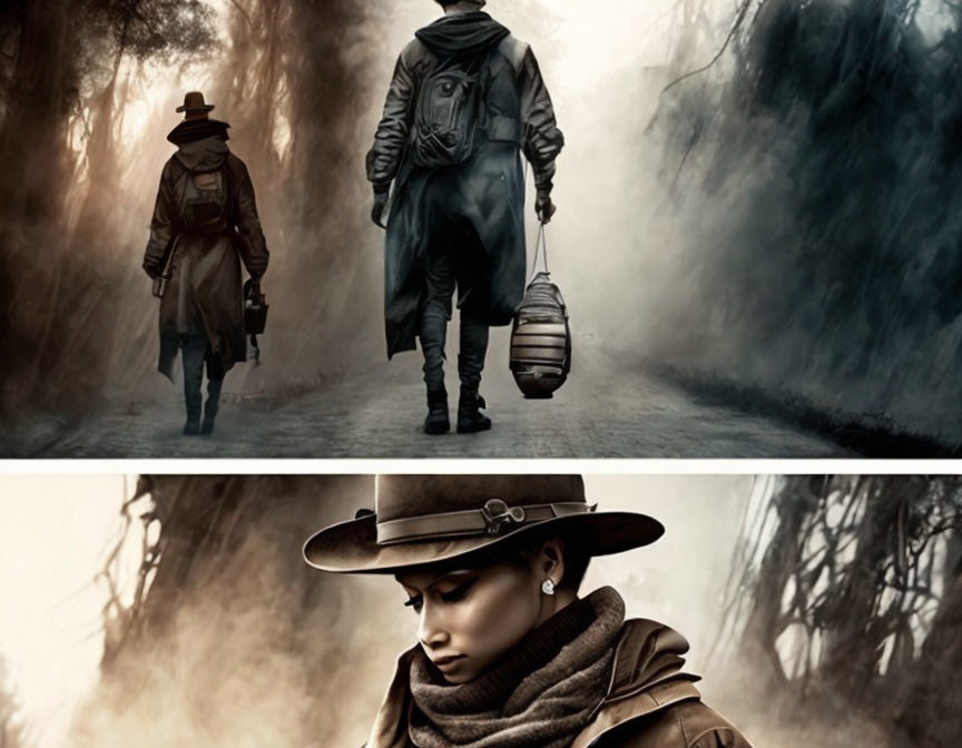 Person in trench coat and hat walking on foggy path with lantern, detailed close-up.