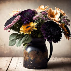 Mixed Purple and Yellow Flowers in Dark Vase on Vintage Background