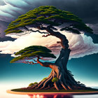 Stylized bonsai tree with lush canopy and dramatic sky