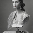Vintage black and white portrait of a woman in elegant attire with mirror table.