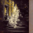 Ornate railing staircase in foggy ambiance with illuminated doorway