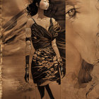 Sepia-toned image of elegant woman in patterned dress with closed eyes and eye backdrop.