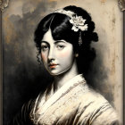 Portrait of young woman in white dress with lace collar and flower.