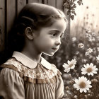 Sepia-Toned Photo of Young Girl with Braided Hair and Vintage Dress by Wooden Fence